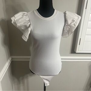 Pants Store White one piece body suit with flutter sleeves Size S Ribbed Stretch